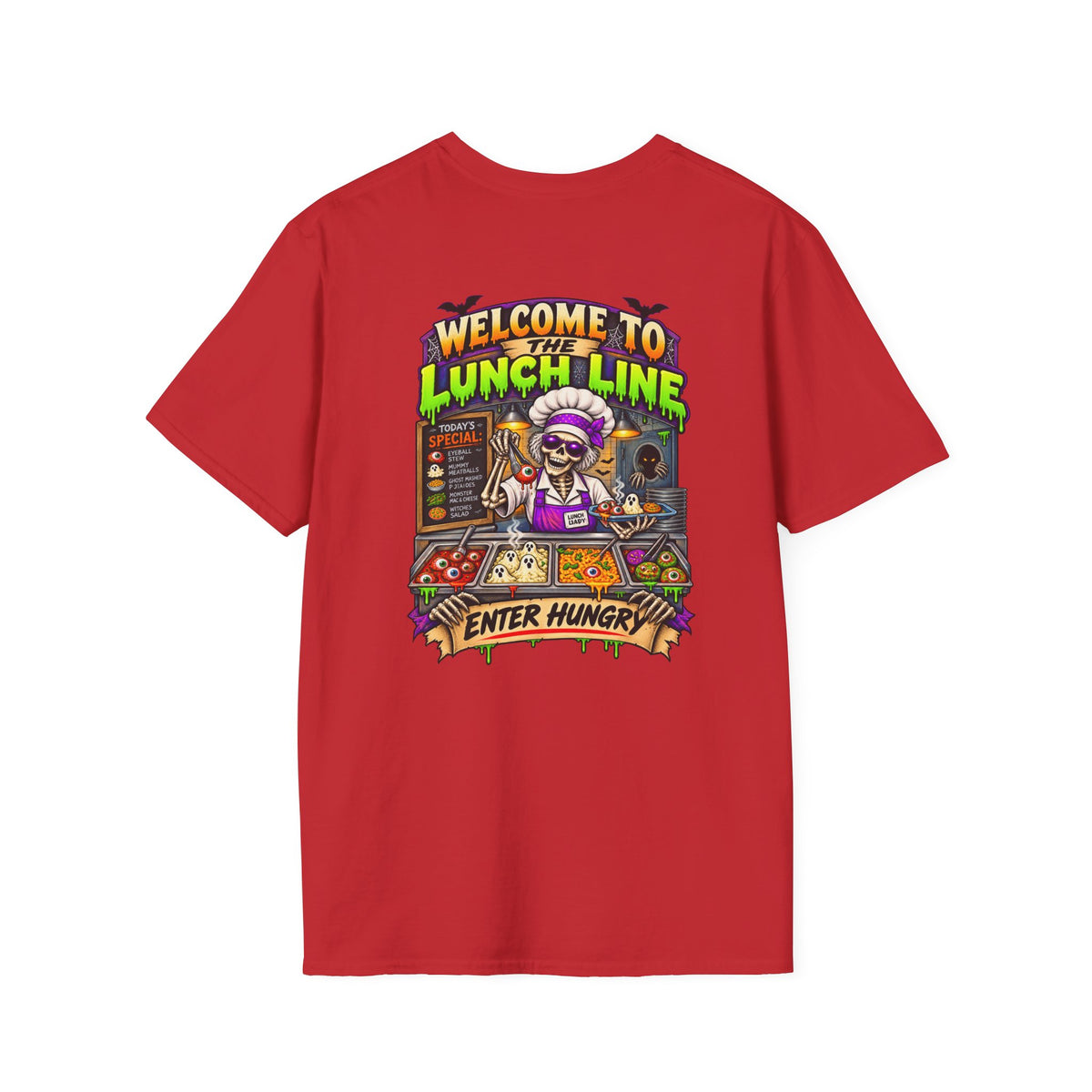 Halloween Lunch Line Skeleton Chef Shirt – Spooky Food Humor Back Print Tee