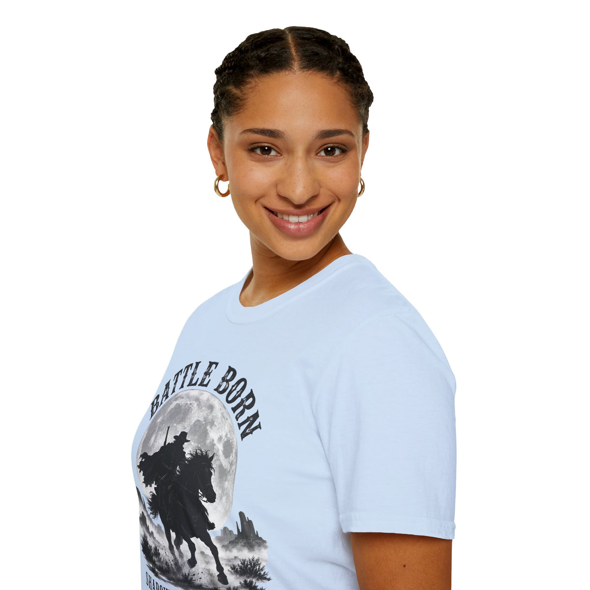 Battle Born Shadow Raised 1864 Shirt – Dark Western Horseman Moon Tee