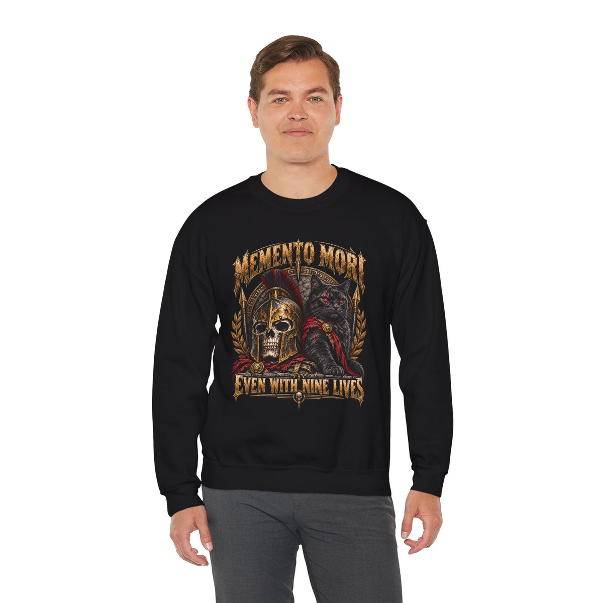 Memento Mori Nine Lives Spartan Cat Gildan 18000 Sweatshirt