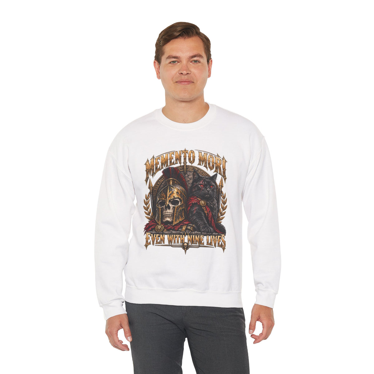 Memento Mori Nine Lives Spartan Cat Gildan 18000 Sweatshirt
