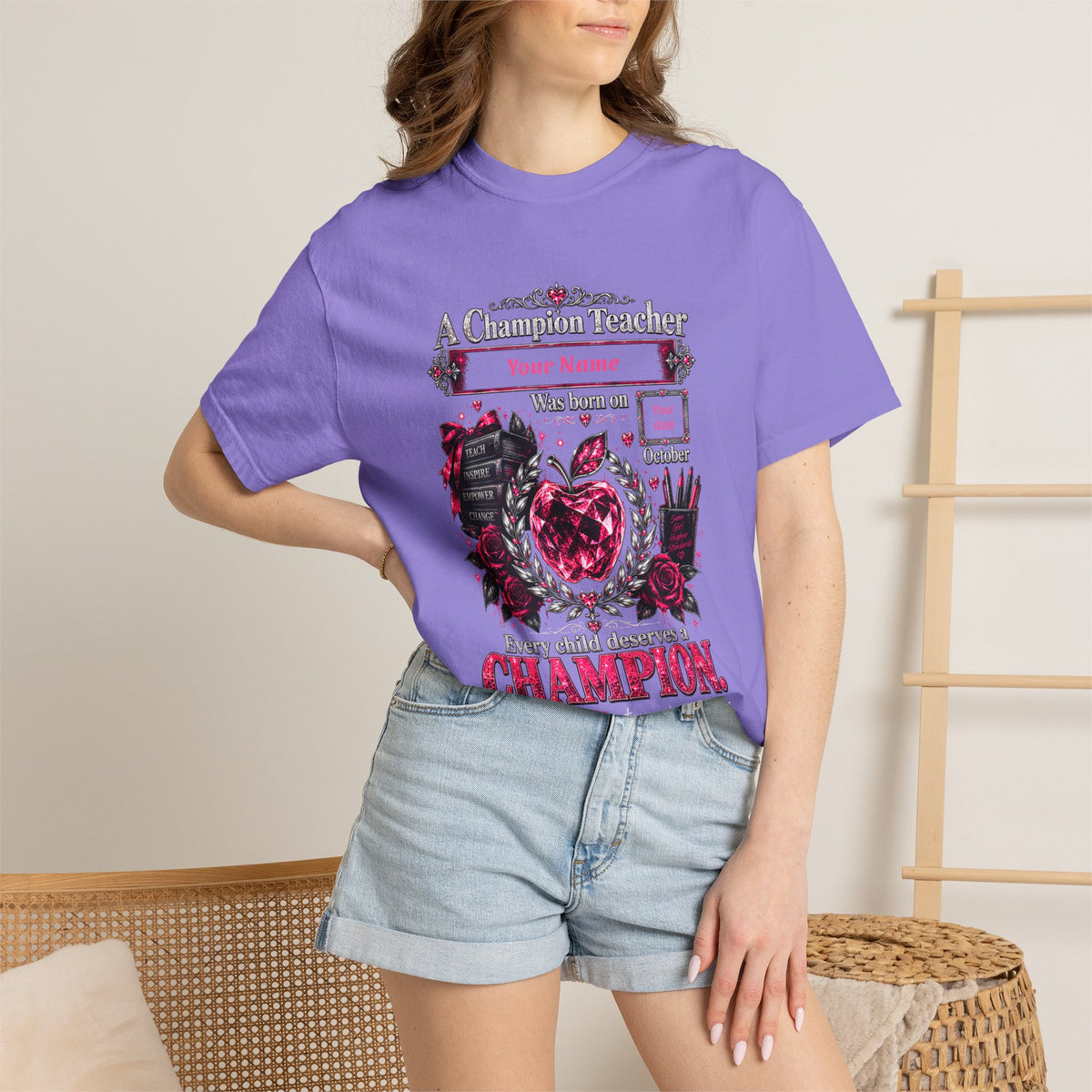 Personalized Champion Teacher October Birthday Comfort Colors Tee