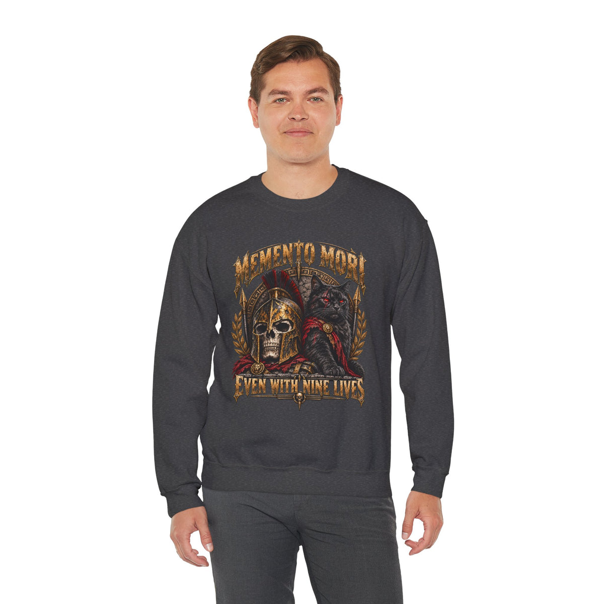 Memento Mori Nine Lives Spartan Cat Gildan 18000 Sweatshirt