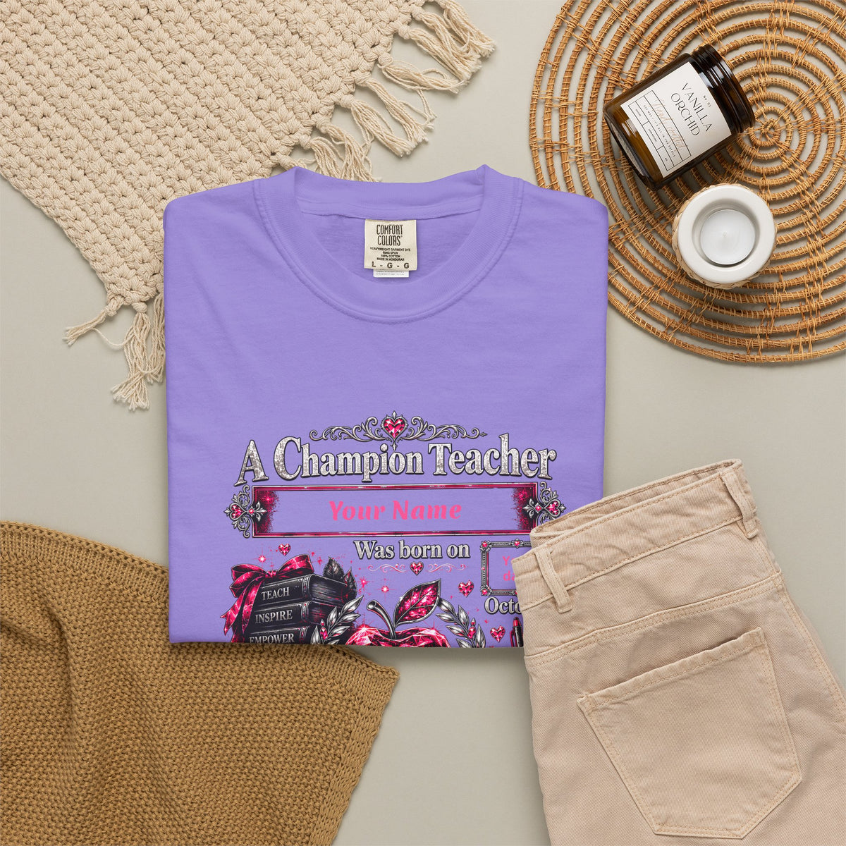 Personalized Champion Teacher October Birthday Comfort Colors Tee