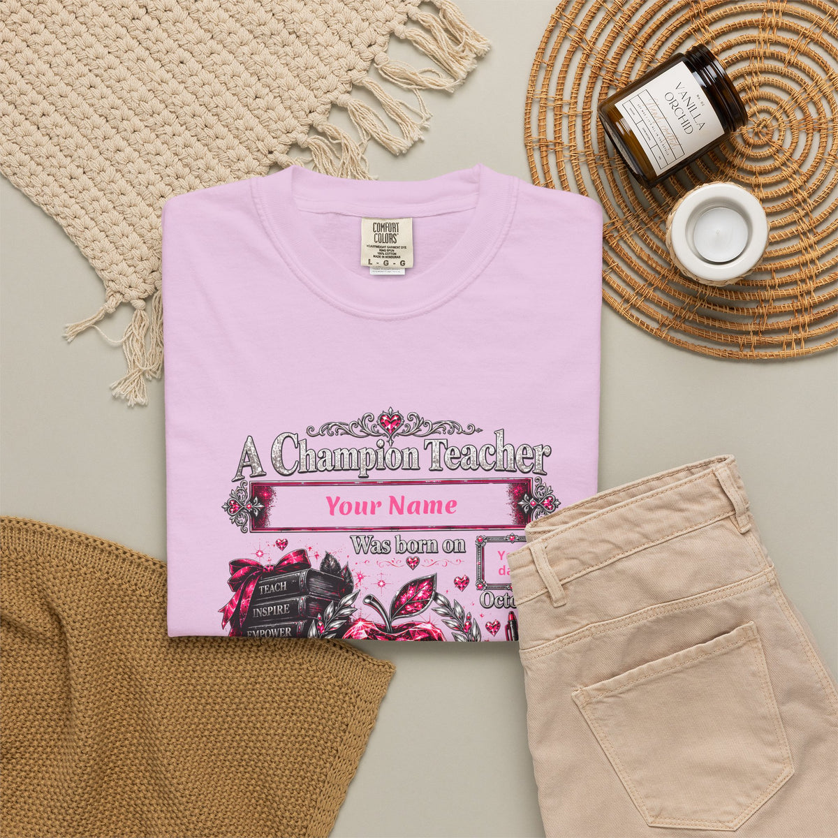 Personalized Champion Teacher October Birthday Comfort Colors Tee