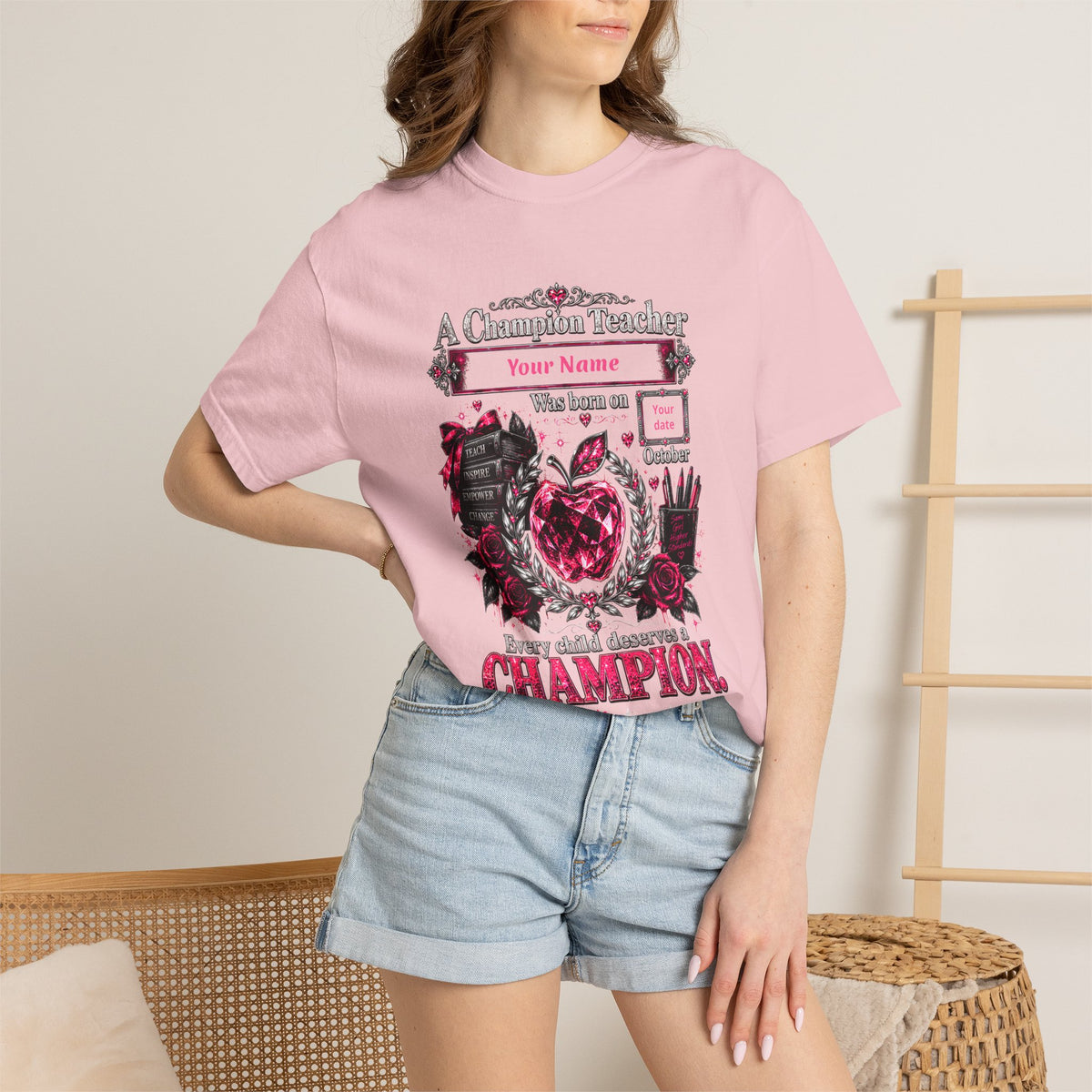 Personalized Champion Teacher October Birthday Comfort Colors Tee
