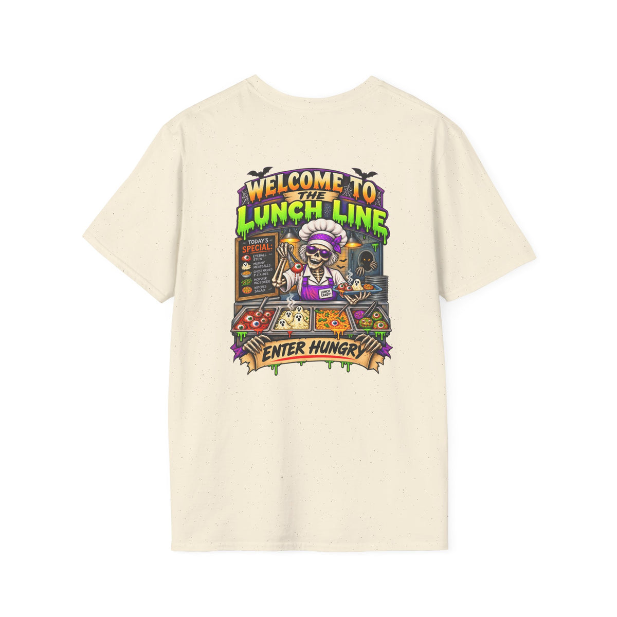 Halloween Lunch Line Skeleton Chef Shirt – Spooky Food Humor Back Print Tee