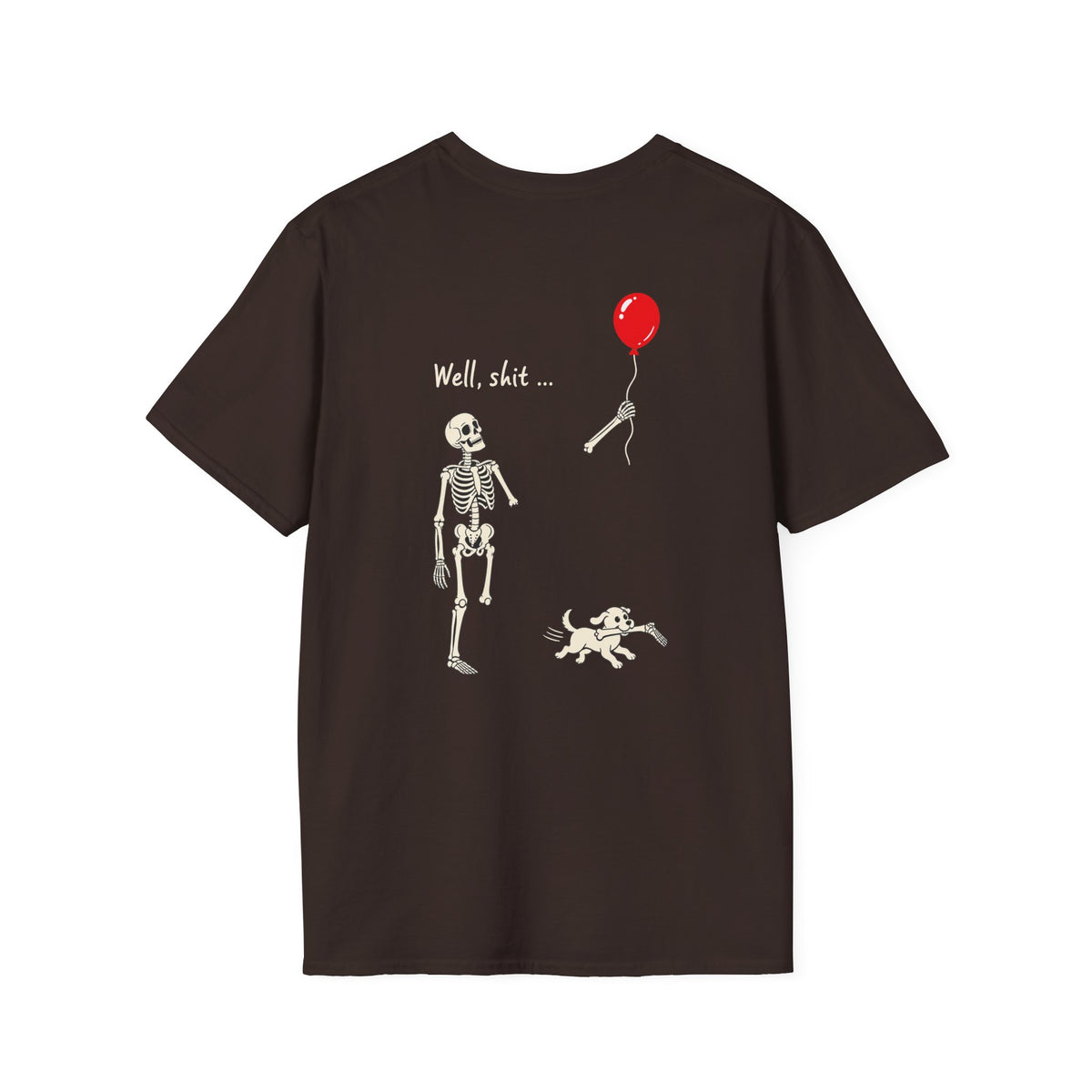 Skeleton Balloon & Dog Dark Humor Shirt – Spooky Back Print Graphic Tee