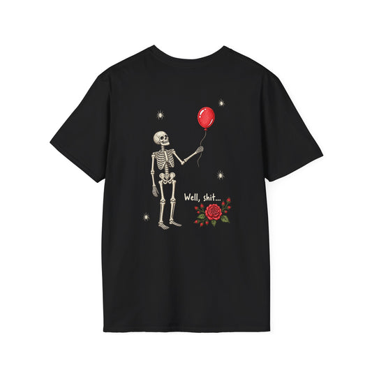Gothic Skeleton Balloon & Rose Shirt – Dark Humor Graphic Tee