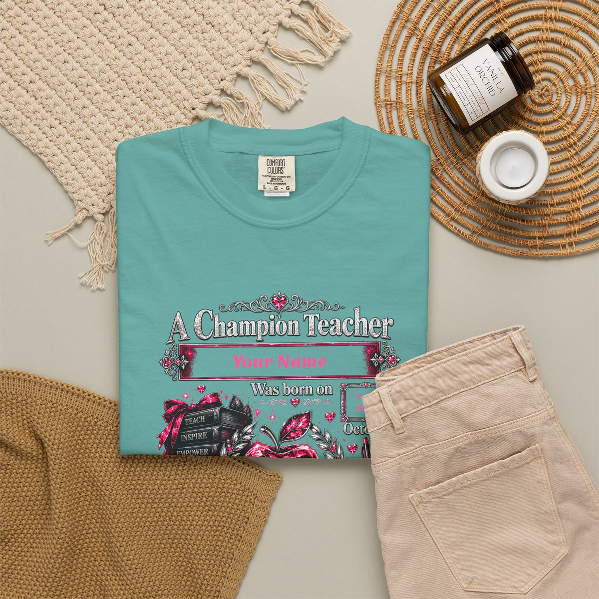 Personalized Champion Teacher October Birthday Comfort Colors Tee