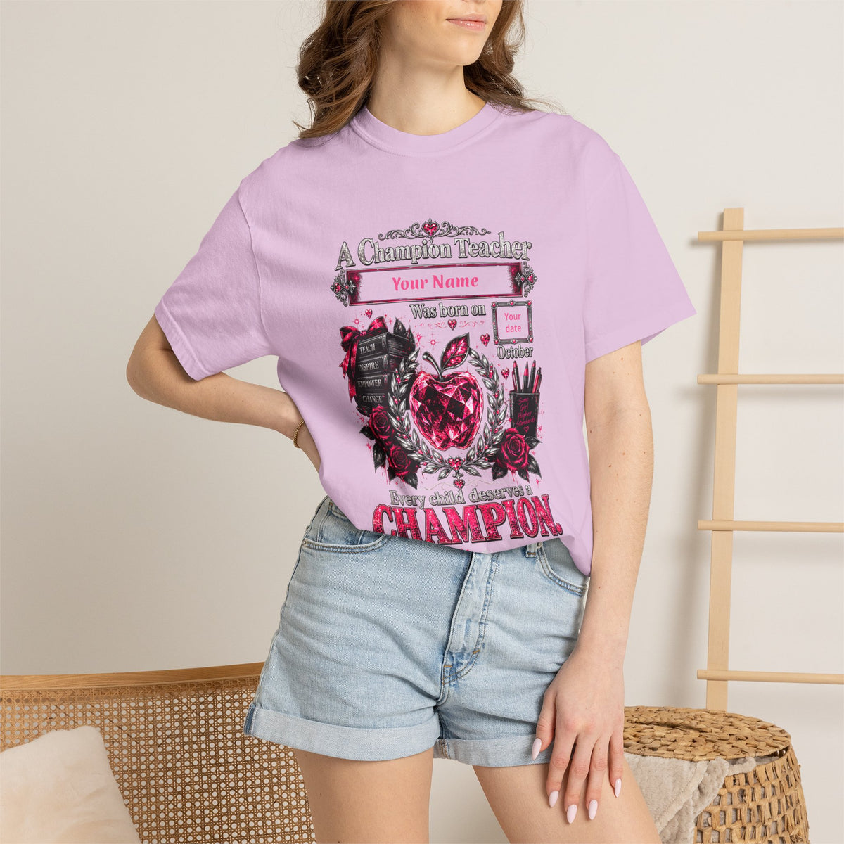 Personalized Champion Teacher October Birthday Comfort Colors Tee