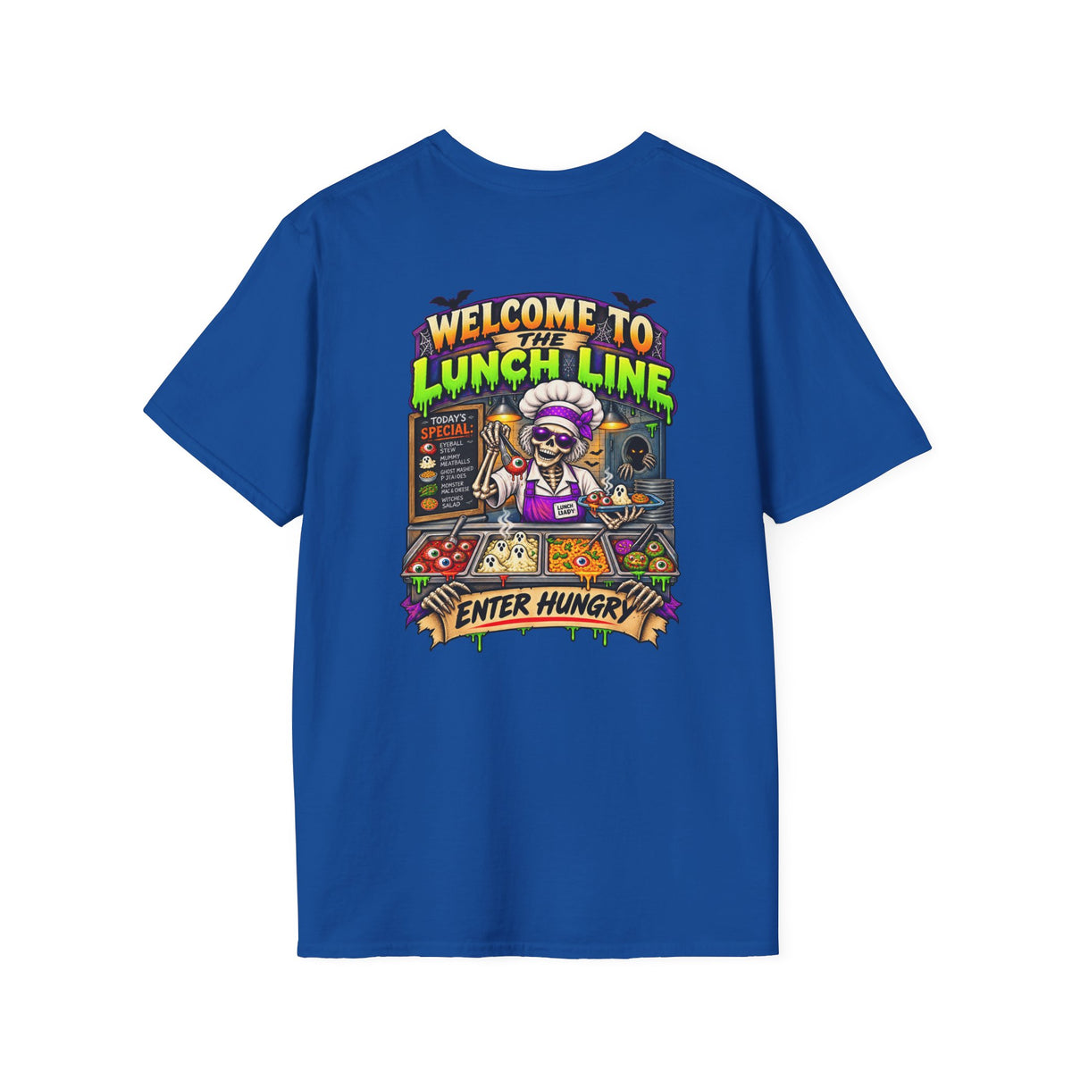 Halloween Lunch Line Skeleton Chef Shirt – Spooky Food Humor Back Print Tee