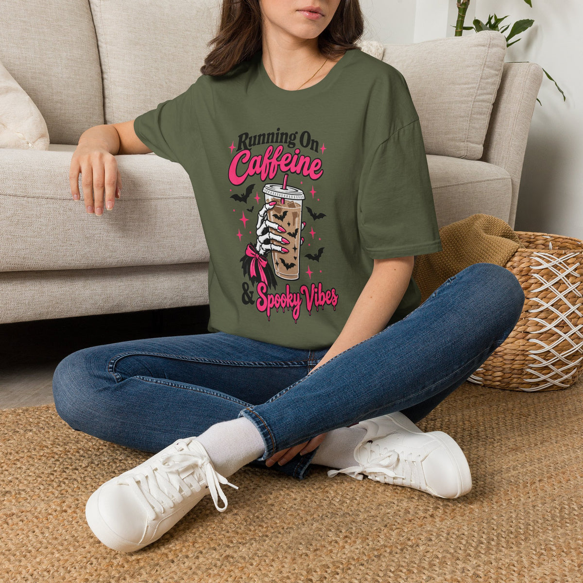 Running On Caffeine & Spooky Vibes Halloween Coffee Shirt – Gildan Softstyle 64000