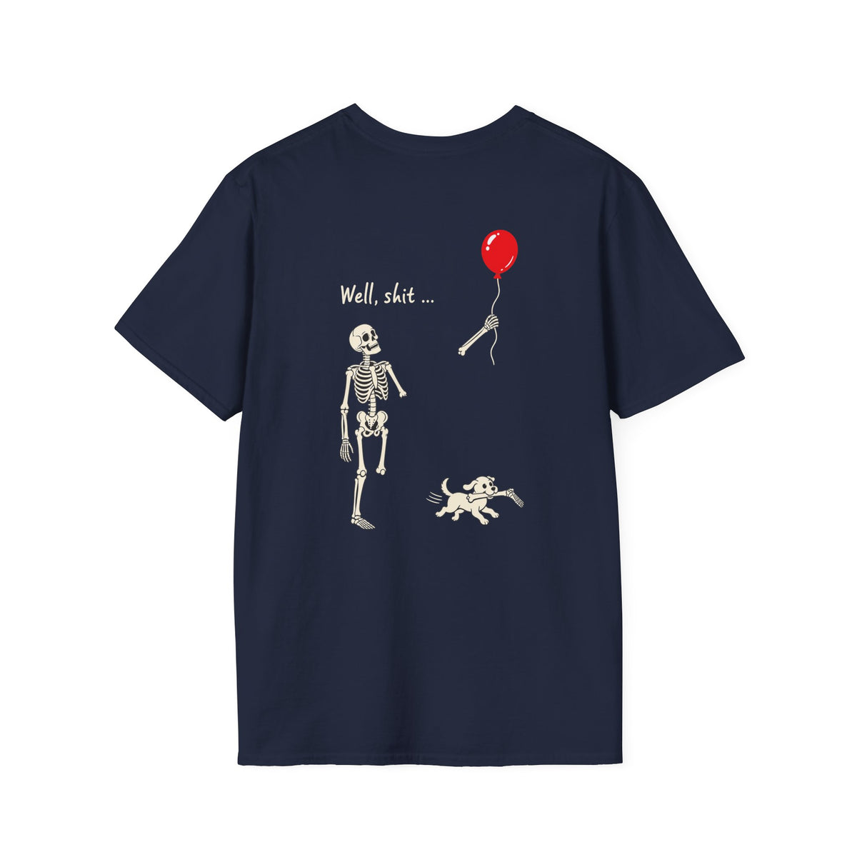 Skeleton Balloon & Dog Dark Humor Shirt – Spooky Back Print Graphic Tee