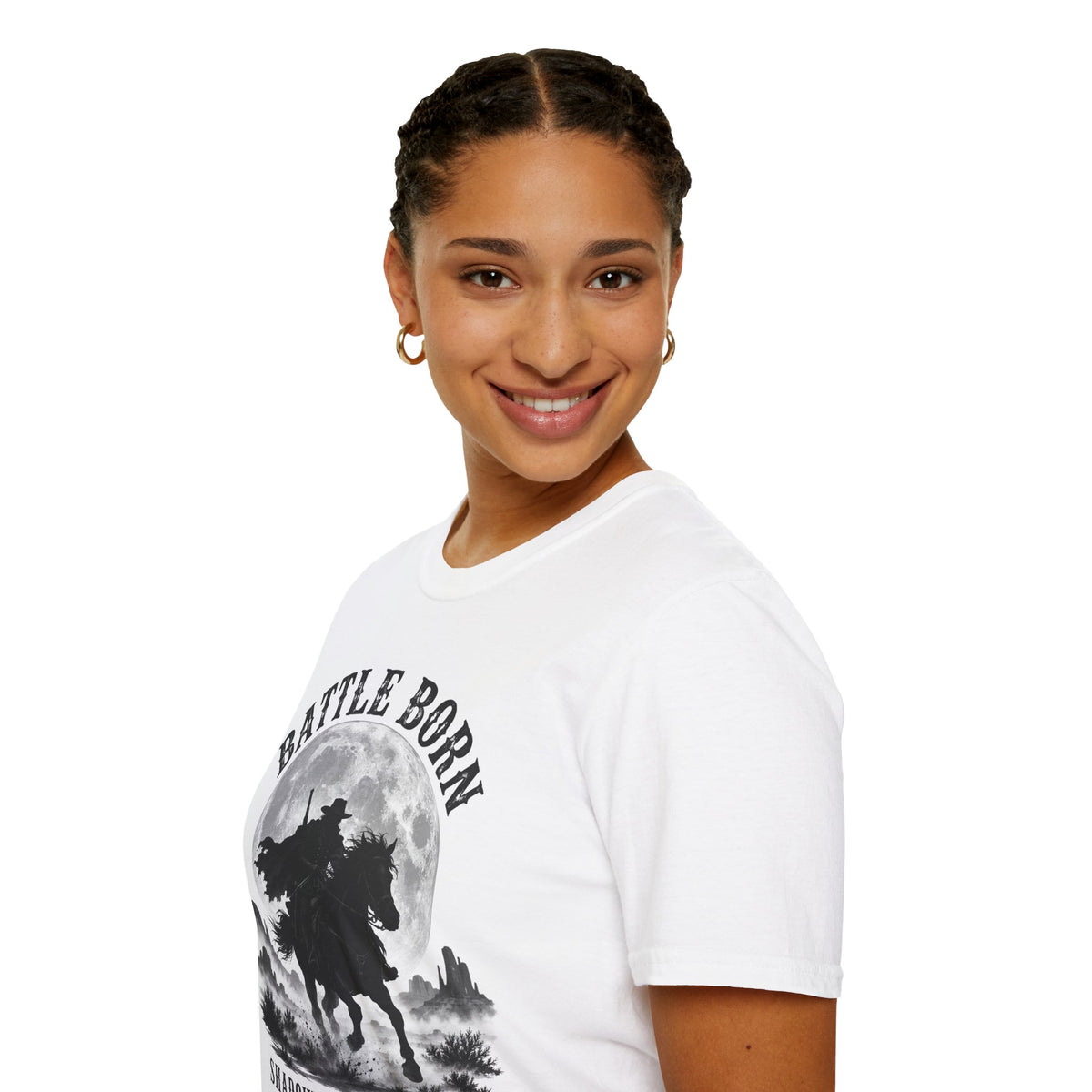 Battle Born Shadow Raised 1864 Shirt – Dark Western Horseman Moon Tee