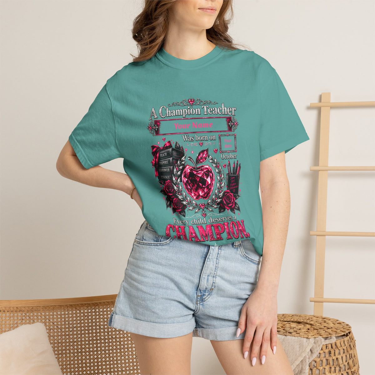 Personalized Champion Teacher October Birthday Comfort Colors Tee