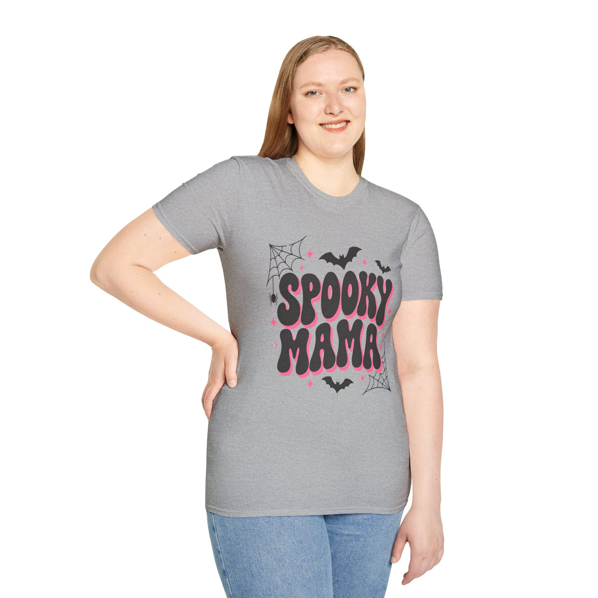 Spooky Mama Halloween Shirt – Retro Pink Bat & Spider Web Mom Tee